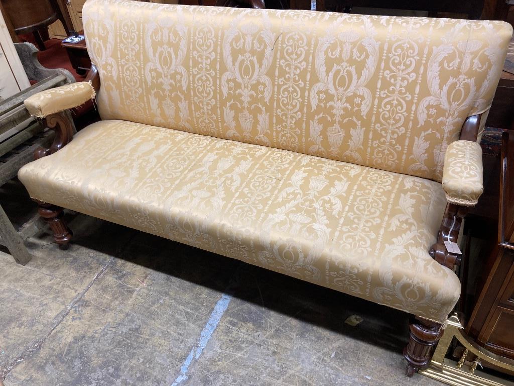 A Victorian mahogany open arm hall settee, width 160cm depth 62cm height 95cm